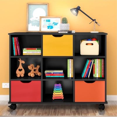 Conjunto Nicho Organizador Kenya 9 Espaços Com Rodízios Preto + Kit 3 Gavetas Coloridas