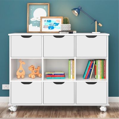 Conjunto Nicho Organizador Kenya 9 Espaços Com Rodízios Branco + 2 Kits 3 Gavetas Brancas