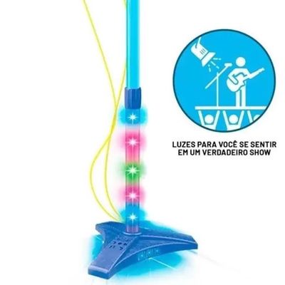 Microfone Infantil Duplo Pedestal Karaoke Rock Star Amplificador Musical Conecta Celular Mp3 Luz Azul
