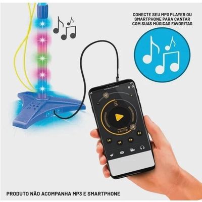 Microfone Infantil Duplo Pedestal Karaoke Rock Star Amplificador Musical Conecta Celular Mp3 Luz Azul