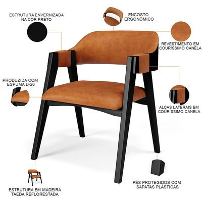 Kit 4 Cadeiras Sala de Jantar Estar Living Estofada Suran L02 Preto Couríssimo Canela - Lyam Decor