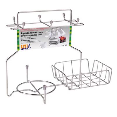 Suporte para Xícaras Pires Cápsulas Café Cromado com 6 Ganchos 25x19x29,5cm Utimil Cromado