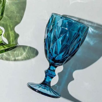 Jogo 6 Taças Diamond Azul De Vidro 350ml Diamante Água Sucos Refrigerantes