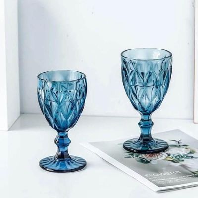 Jogo 6 Taças Diamond Azul De Vidro 350ml Diamante Água Sucos Refrigerantes