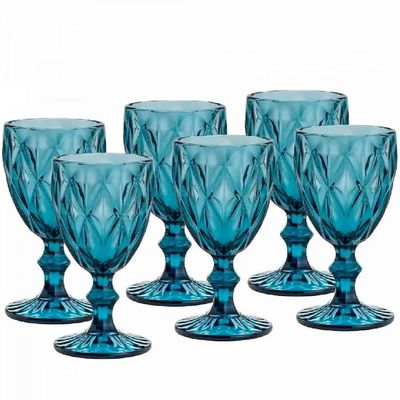 Jogo 6 Taças Diamond Azul De Vidro 350ml Diamante Água Sucos Refrigerantes