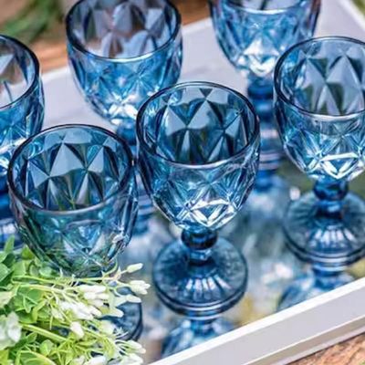 Jogo 6 Taças Diamond Azul De Vidro 350ml Diamante Água Sucos Refrigerantes