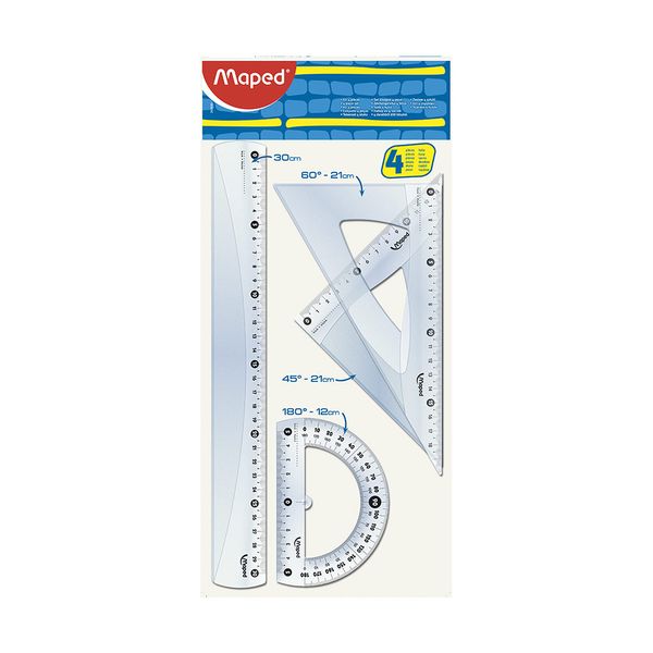 Kit Escolar Geométrico Maped com 1 Régua 30cm + 2 Esquadros + 1 Transferidor 180° Cristal