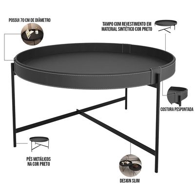Mesa de Centro Decorativo Sala de Estar 70 cm Industrial Sintético Preto P06 Aura - Lyam