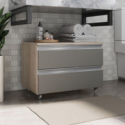 Gabinete Banheiro Rodinhas Joia 60cm 02 Gavetas Madeirado Cinza