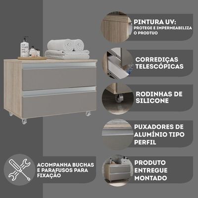 Gabinete Banheiro Rodinhas Joia 60cm 02 Gavetas Madeirado Cinza