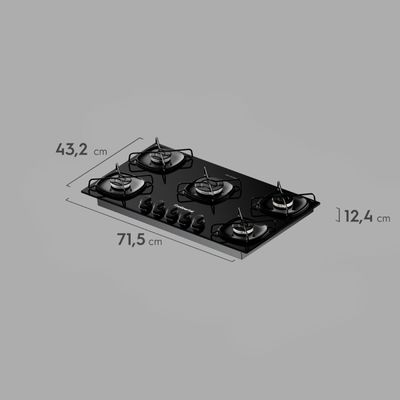 Cooktop 5 Bocas a Gás Continental Mesa de Vidro Preto com Acendimento Automático (KC5GR) Bivolt