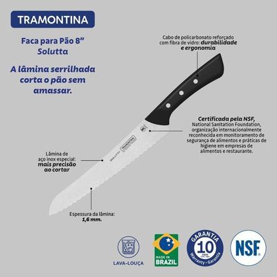Faca Para Pão Tramontina Solutta Em Aço Inox E Cabo Em Policarbonato Preto 8"