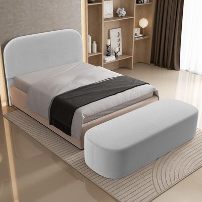 Cabeceira Cama Box Casal 140cm Lanna com Puff Recamier Doha W01  Bouclê Cinza - Lyam Decor