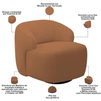 Sofá 3 Lugares Curvo Orgânico com 02 Poltronas Para Sala Living 250cm Barolo L06 Bouclê Terracota - Lyam Decor