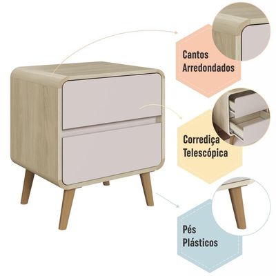 Kit Conjunto 02 Mesas De Cabeceira Canto Curvo Com 02 Gavetas E Pés Palito Retrô Carvalho Araguaia