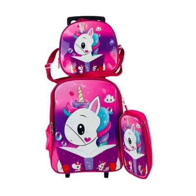 Kit Mochila Rodinhas Meninas Infantil Unicornio Escolar Estojo Lancheira Térmica Bolsa Carrinho