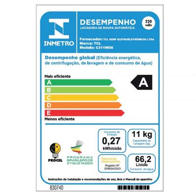 Lava e Seca TCL 11kg/7kg com Motor BLDC Inverter e Sistema Air Wash C311WDS Prata / 220V