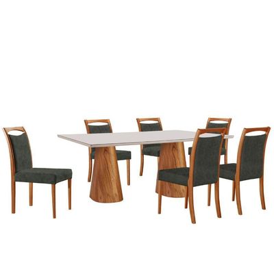 Mesa Noronha 180cm Tampo Com Vidro Laqueado Com 6 Cadeiras Jade Off White Imbuia Natural