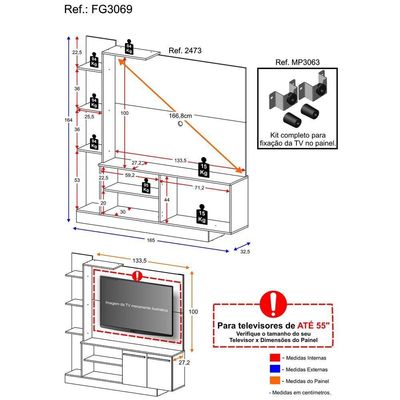 Estante Com Suporte Para Tv Até 55´´Fg3069 Preta/lacca Fumê