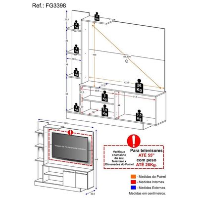 Estante Com 3 Leds Para Tv Até 55´´ Dallas Fg3398
