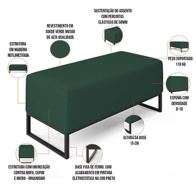 Kit 02 Puffs Decorativo Para Sala de Estar Cléo W01 Base Ferro 90 cm Suede Verde Musgo - Lyam Decor