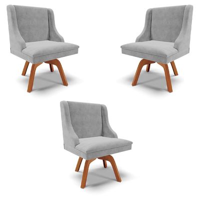 Kit 3 Cadeiras Decorativas Sala de Jantar Base Giratória de Madeira Firenze Suede Cinza/Natural G19 - Gran Belo