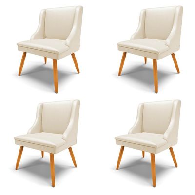 Kit 4 Cadeiras Decorativas Sala de Jantar Pés Palito de Madeira Firenze PU Bege/Natural G19 - Gran Belo