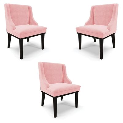 Kit 3 Cadeiras Decorativas Sala de Jantar Base Fixa de Madeira Firenze Suede Rosa Bebê/Preto G19 - Gran Belo