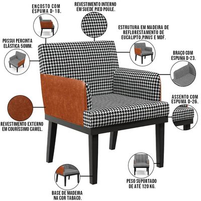 Kit 04 Poltronas Decorativa Base Tabaco Beatriz W01 Suede Pied Poule Couríssimo Camel - Lyam Decor