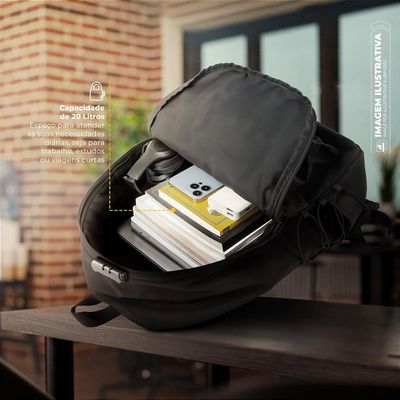 Mochila Casual para Notebook 15,6" Antifurto com Cadeado, Bolso Invisível, USB e P2, Expansível Impermeável 20L - Flex