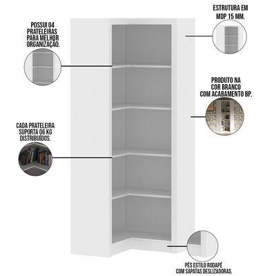 Estante de Canto Para Escritório E Home Office 4 Prateleiras Brandon 171x68 T01 Branco - Lyam Decor