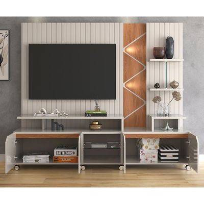 Rack Lukaliam Móveis C- Painel Para Até 55 Led Frisado 2,10m Off White Perolizado Com Jequitiba