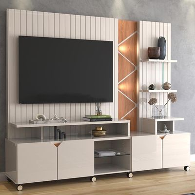 Rack Lukaliam Móveis C- Painel Para Até 55 Led Frisado 2,10m Off White Perolizado Com Jequitiba