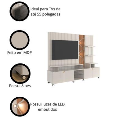 Rack Lukaliam Móveis C- Painel Para Até 55 Led Frisado 2,10m Off White Perolizado Com Jequitiba