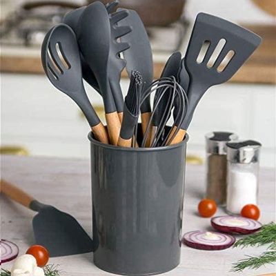 Kit De Utensílios Cozinha Em Silicone E Bambu 12 Peças Preto