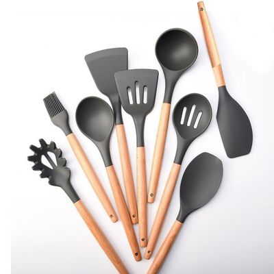 Kit De Utensílios Cozinha Em Silicone E Bambu 12 Peças Preto