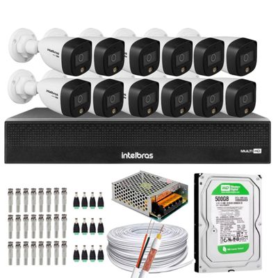 Kit 12 Cameras 1220 Full Color Intelbras Dvr Mhdx 16 Ch Color Noite  C/HD 500GB