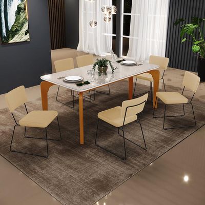 Mesa De Jantar Capri 160cm Off White Nature Com 6 Cadeiras Allana B05 Linho Bege Escuro - Lyam Decor