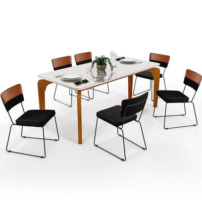 Mesa Capri 160 Off White Com 6 Cadeiras Allana B05 Faixa Couríssimo Camel Linho Chumbo - Lyam Decor