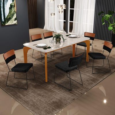 Mesa Capri 160 Off White Com 6 Cadeiras Allana B05 Faixa Couríssimo Camel Linho Chumbo - Lyam Decor