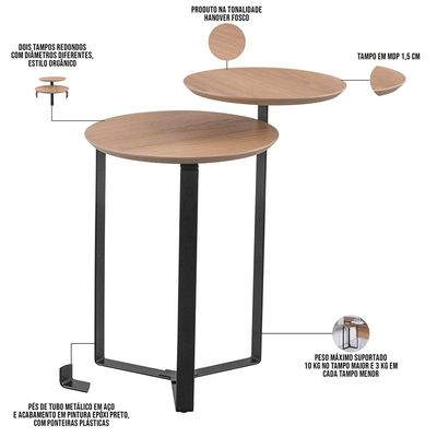 Kit Mesa de Centro e Mesa Lateral Para Sala Pés Metálicos Dari A03 Hanover Preto - Lyam Decor
