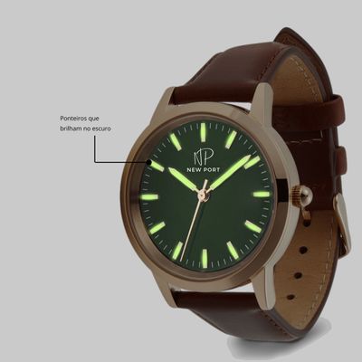 Relógio de Luxo Feminino Couro Marrom Casual New Port 40mm