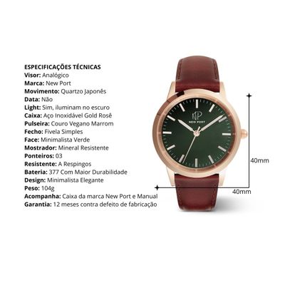 Relógio de Luxo Feminino Couro Marrom Casual New Port 40mm