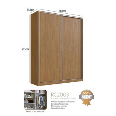 Guarda Roupa Solteiro 2 Portas 3 Gavetas Freijó Natural 183x59,8x235cm RC 2003 Emovell