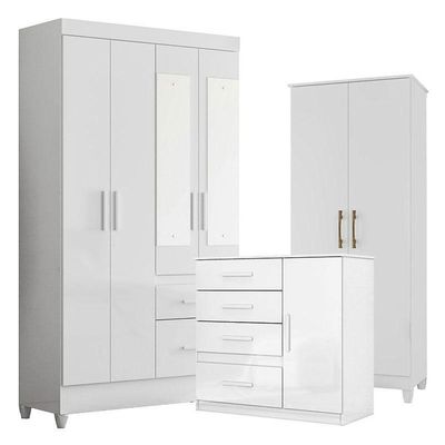 Guarda Roupa Com Espelho Infantil Sobral Com Cômoda Vênus E Armário Multiuso Jade Branco Brilho – Moval