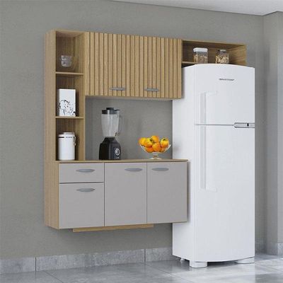 Cozinha Com Balcão Isis 163 Cm Damasco Ripado Off White - Poquema