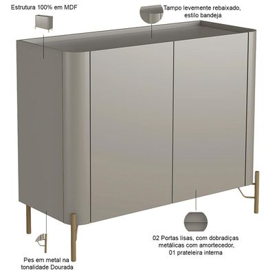 Aparador Buffet Para Sala de Jantar 2 Portas Pés Industrial Dourado Naim I03 Grigio - Lyam Decor