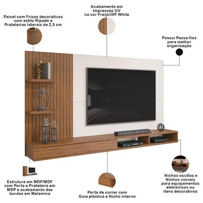 Painel Para TV 60 Pol com Bancada Suspensa 190cm Elion D05 Freijó Off White - Lyam Decor