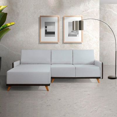 Sofá 5 Lugares Geribá com Chaise Esquerdo Linho Cinza Claro e Preto