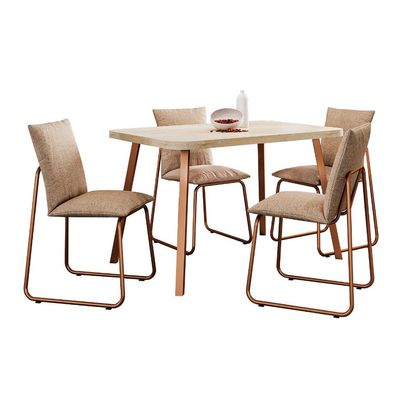 Conjunto de Mesa Retangular com Tampo MDP Petra Stellar e 4 Cadeiras Amélia Linho Areia e Rosê